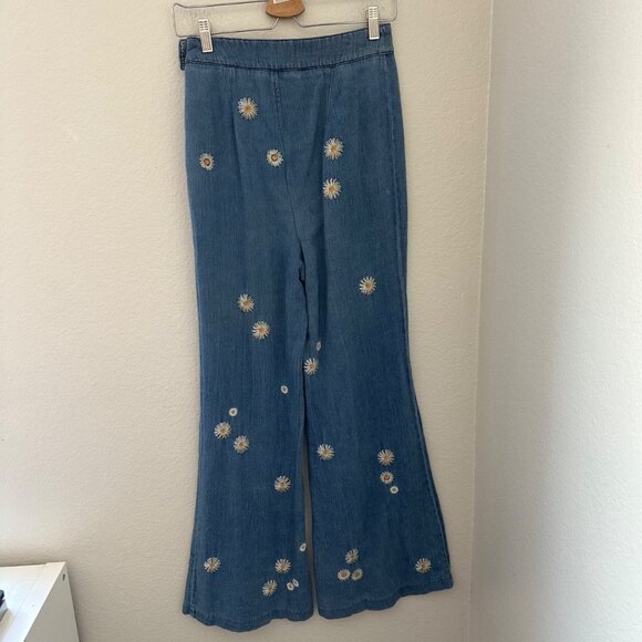 We The Free Embroidered Daisy Wide Leg High Rise Pants Cotton Flat Front Blue Sz - Picture 3 of 14